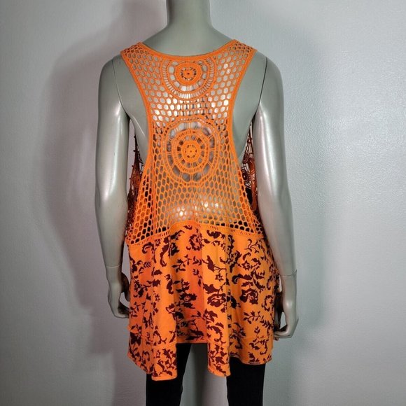 Denim 24/7 Top Plus Size 1X Crochet Stretch Open Tie Front Square‎ Neck Orange - Picture 4 of 6